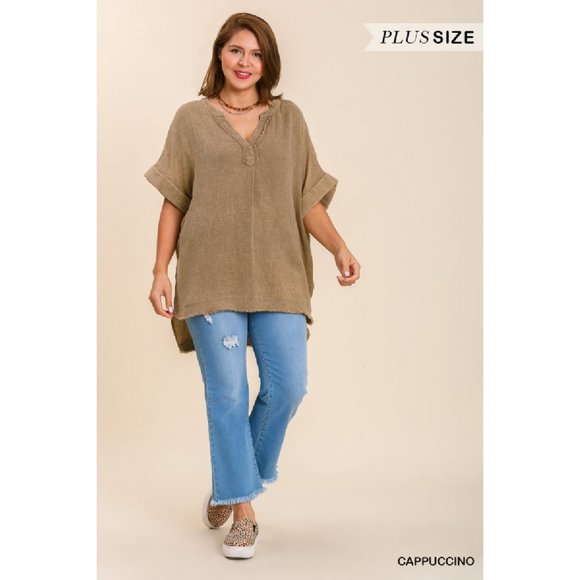 Umgee Tops Umgee Plus Cappuccino Mineral Wash Gauze Fabric Split